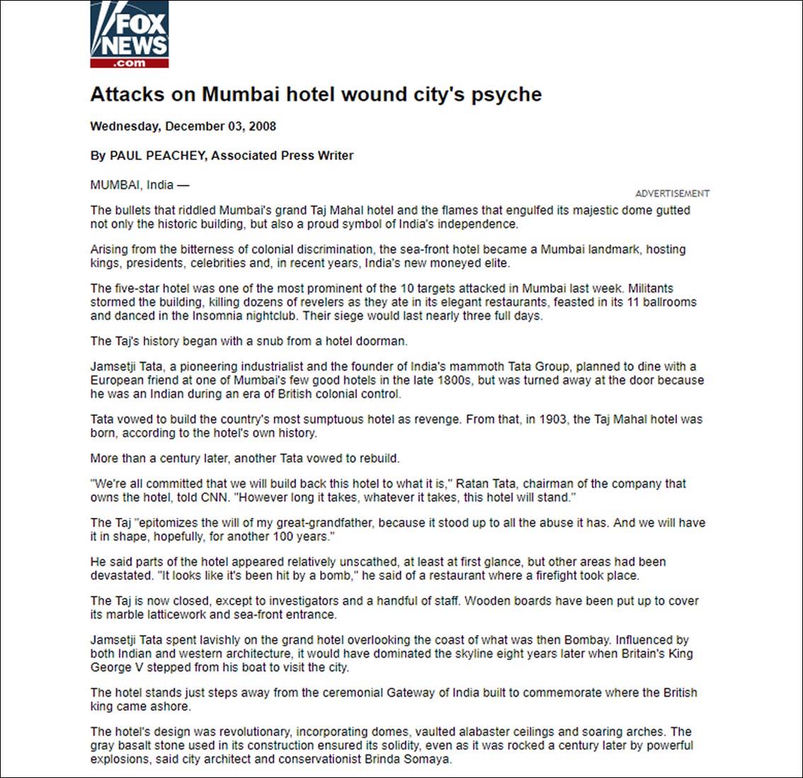 Attacks on Mumbai hotel wound city's psyche, Fox news - December 2008